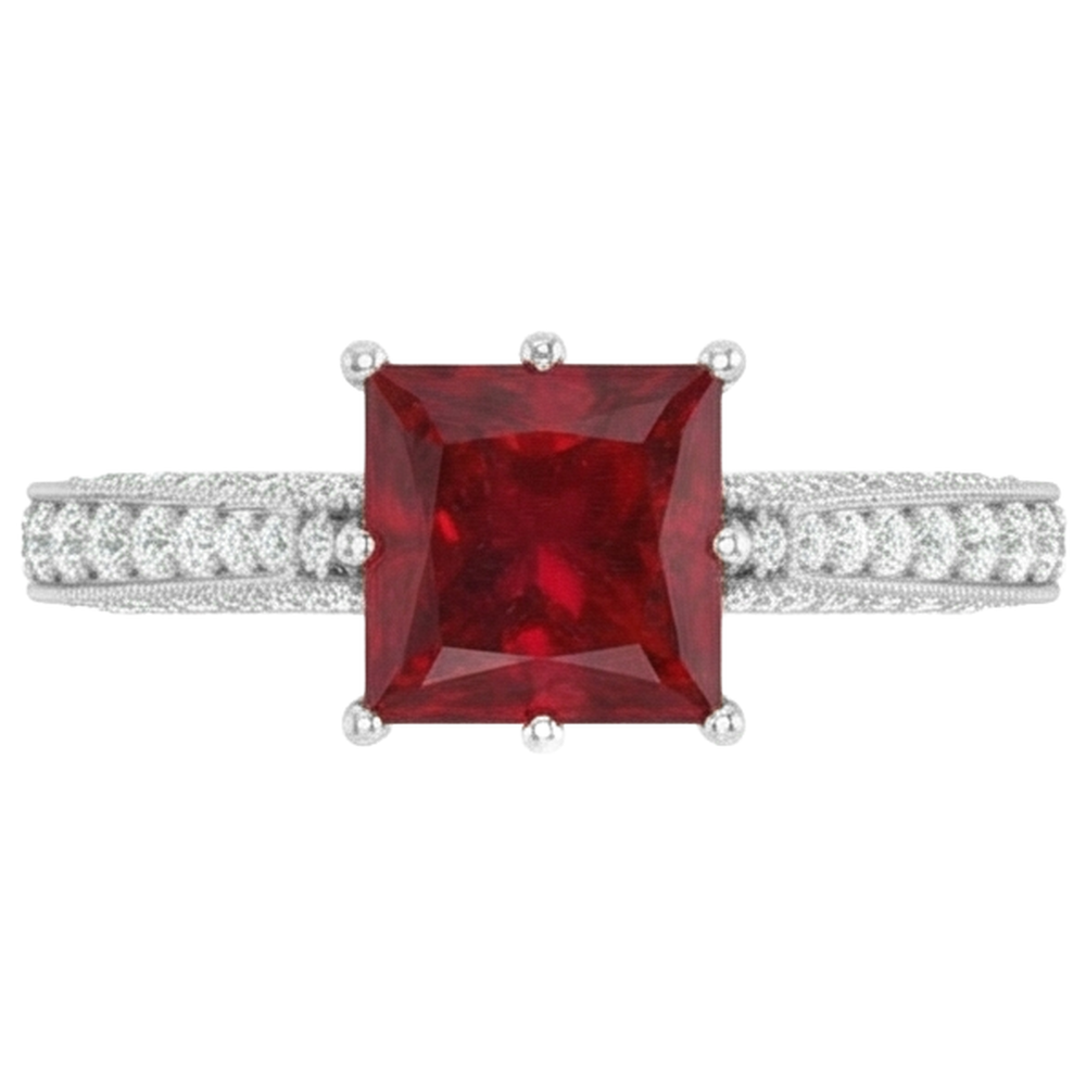 4,35 Karat Princess Cut Rubin mit runden Aus der Erde Abgebauter Natürlicher Diamanten Ring Weißgold