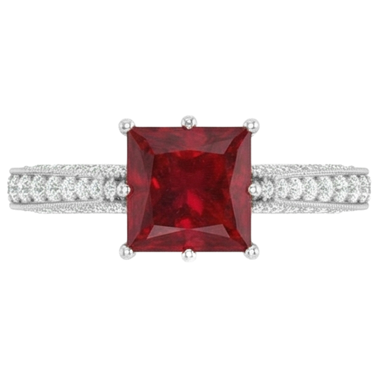 4,35 Karat Princess Cut Rubin mit runden Aus der Erde Abgebauter Natürlicher Diamanten Ring Weißgold