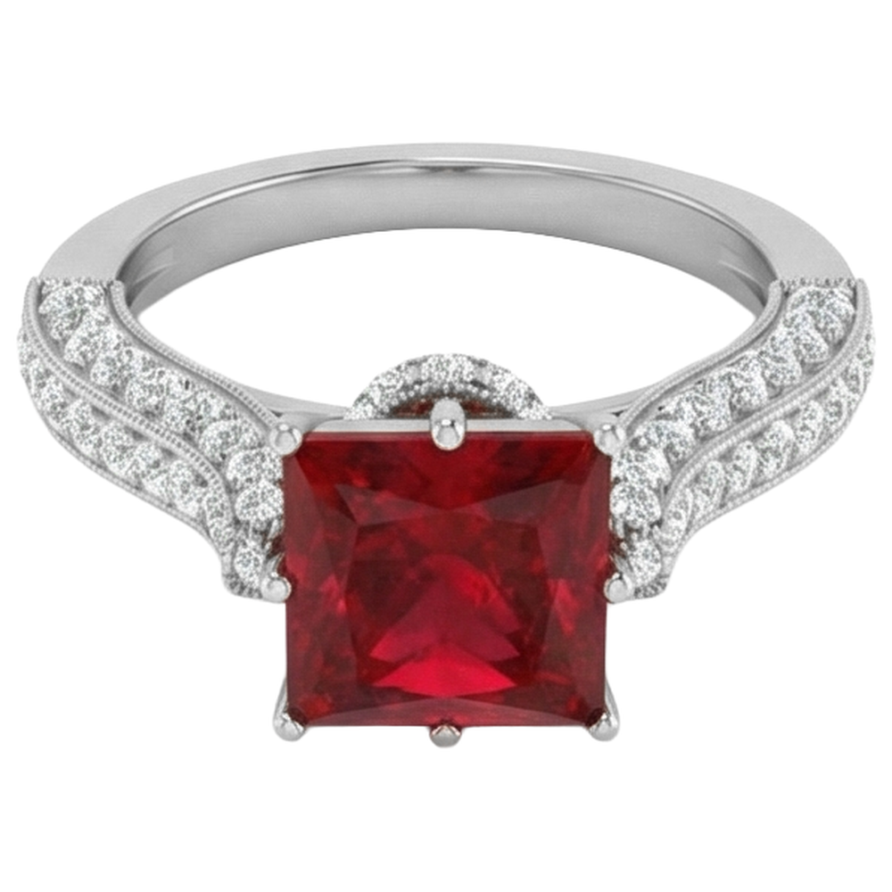 4,35 Karat Princess Cut Rubin mit runden Aus der Erde Abgebauter Natürlicher Diamanten Ring Weißgold