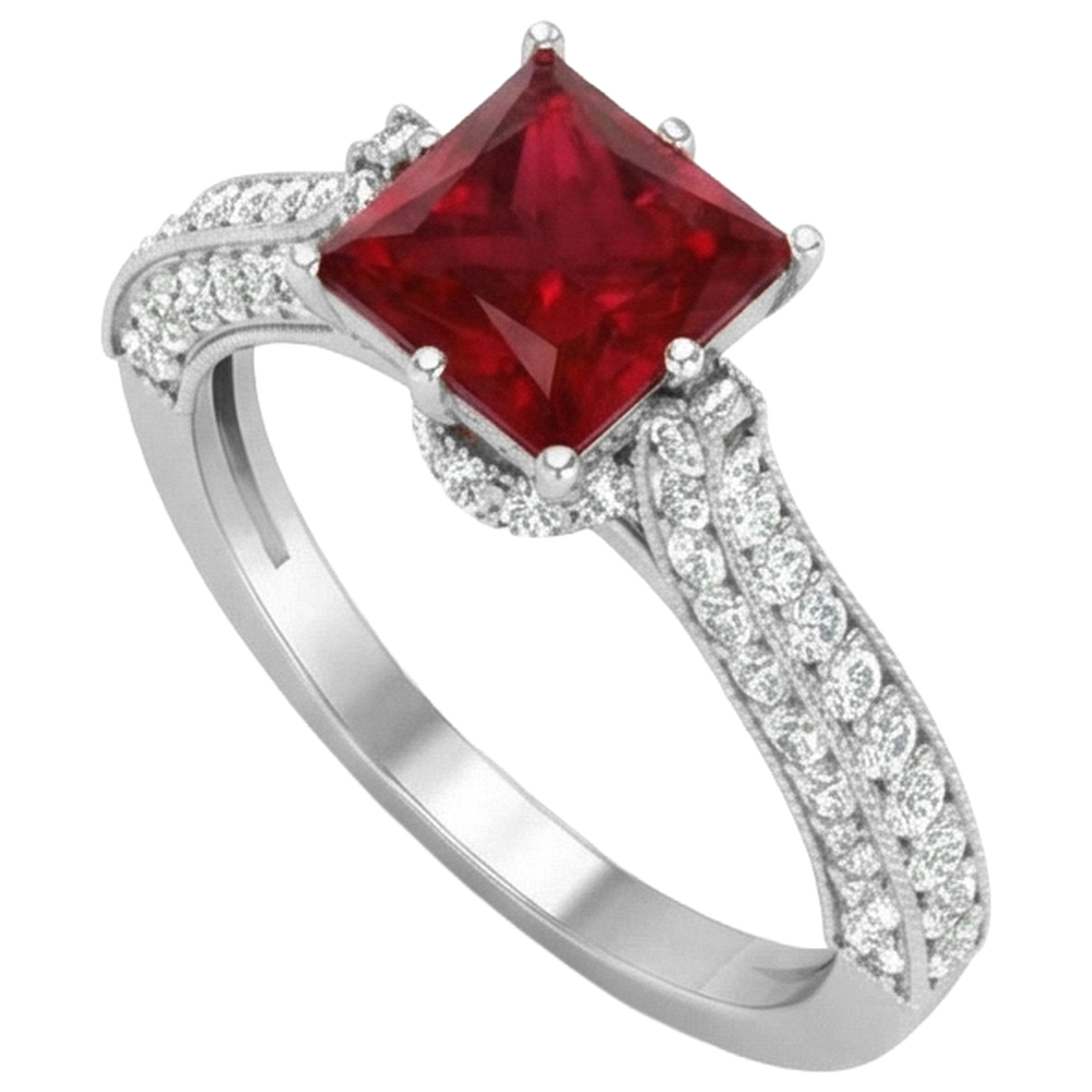 4,35 Karat Princess Cut Rubin mit runden Aus der Erde Abgebauter Natürlicher Diamanten Ring Weißgold