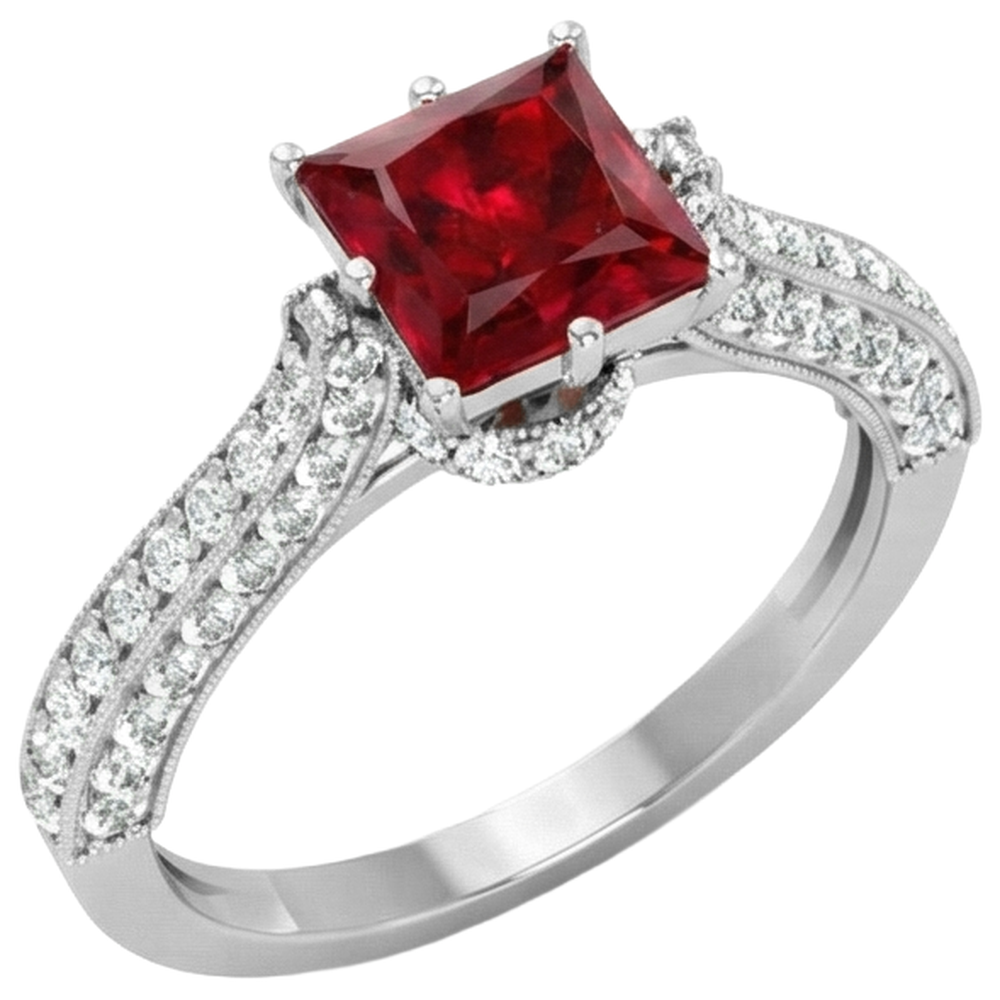 4,35 Karat Princess Cut Rubin mit runden Aus der Erde Abgebauter Natürlicher Diamanten Ring Weißgold