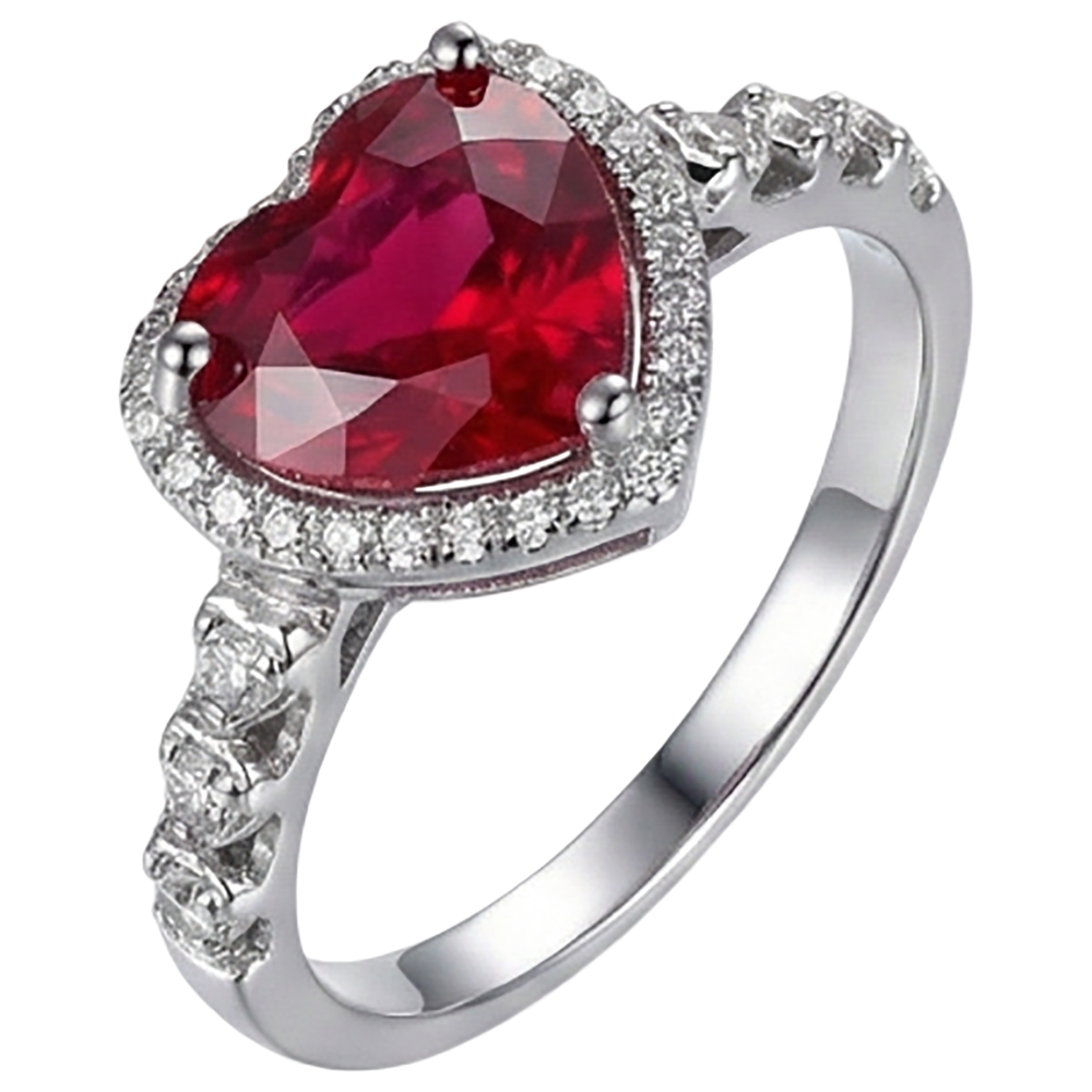 4,5 Karat Roter Herzschliff Rubin und Aus der Erde Abgebauter Natürlicher Diamant Ring Weißgold Schmuck