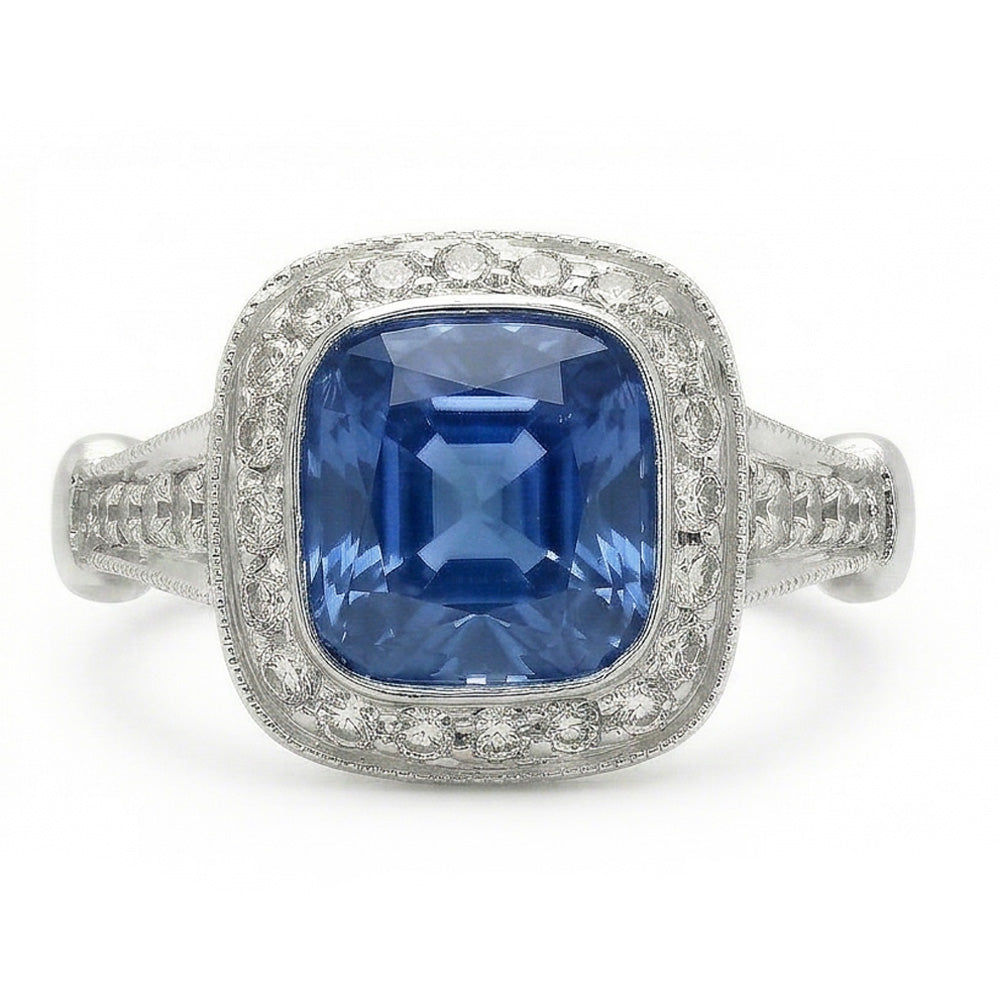 5.01 Karat blauer Saphir-Kissen Halo-Aus der Erde Abgebauter Natürlicher Diamant-Ring-Schmuck