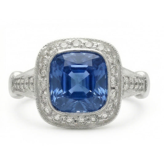 5.01 Karat blauer Saphir-Kissen Halo-Aus der Erde Abgebauter Natürlicher Diamant-Ring-Schmuck