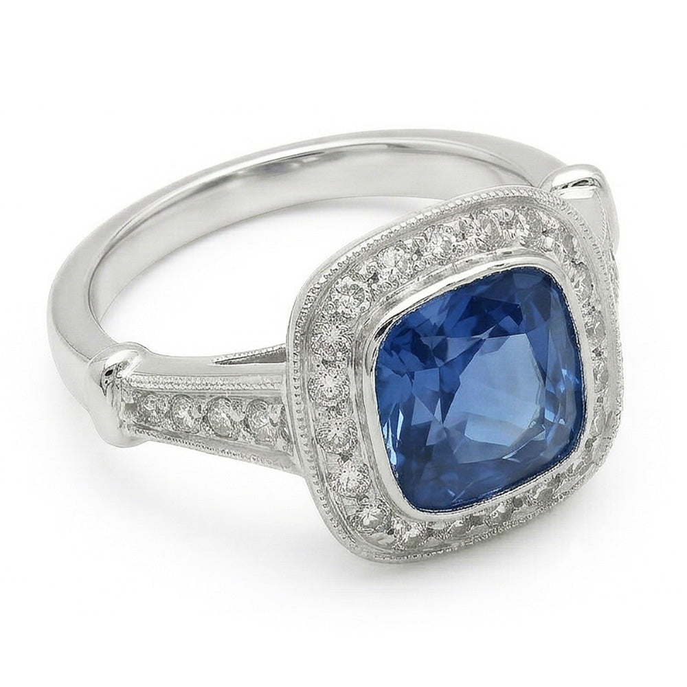 5.01 Karat blauer Saphir-Kissen Halo-Aus der Erde Abgebauter Natürlicher Diamant-Ring-Schmuck