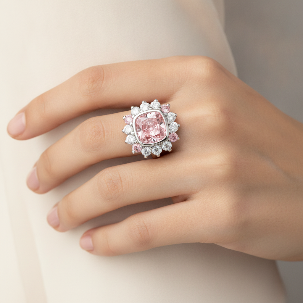 5,5 Karat Fancy-Pink-Diamant Halo-Ring im Kissenschliff aus 14 Karat Weißgold, im Labor gezüchtet