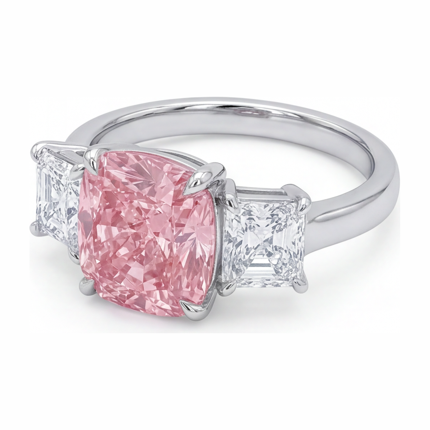 Rosa Verlobungsring 5,5 Karat im Labor gezüchteter Diamant im Kissenschliff Drei-Stein 14 Karat Weißgold