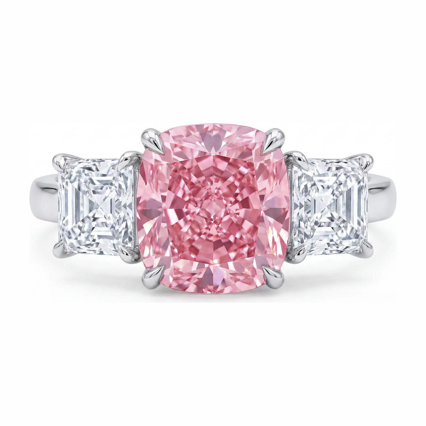 Rosa Verlobungsring 5,5 Karat im Labor gezüchteter Diamant im Kissenschliff Drei-Stein 14 Karat Weißgold