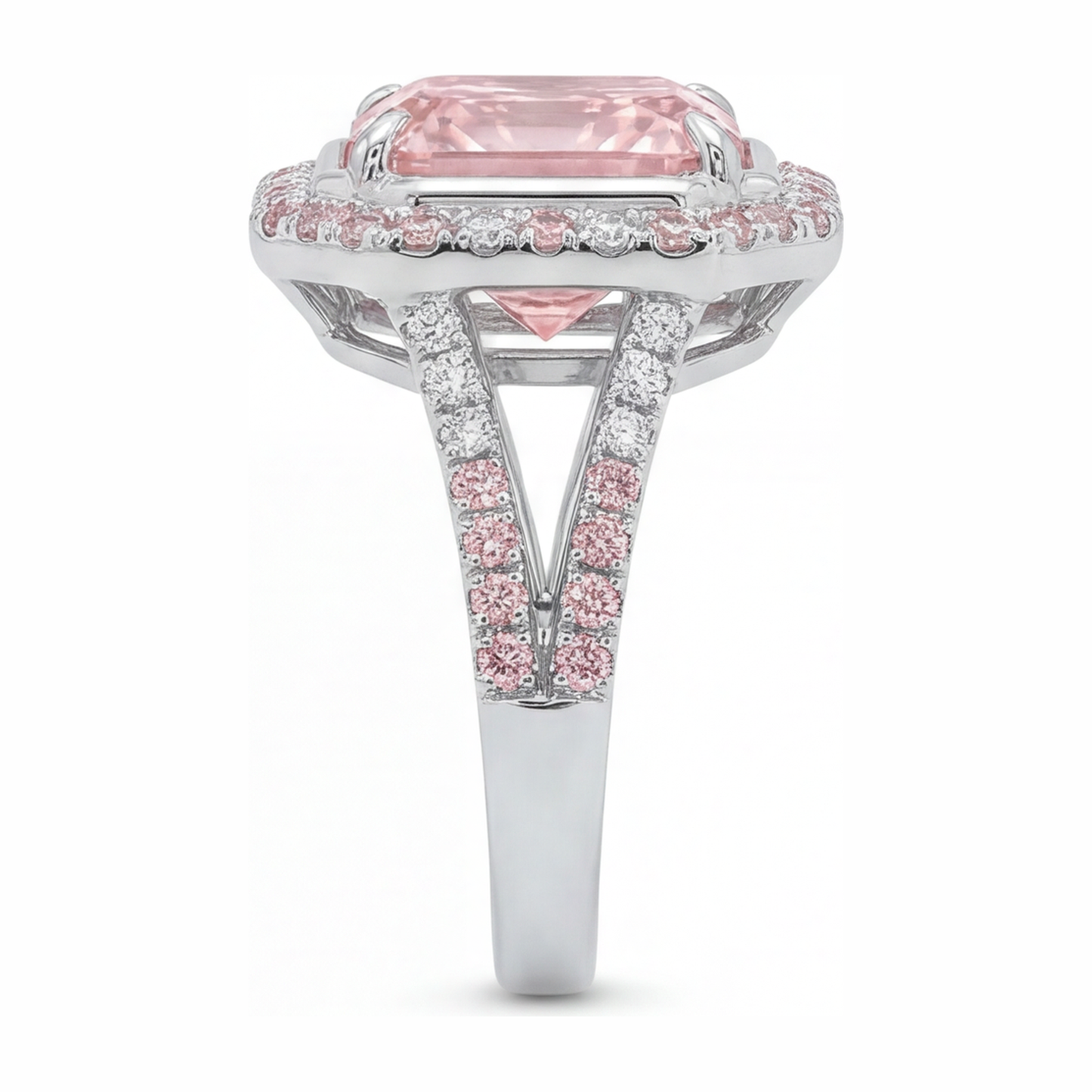 Rosa Verlobungsring 5,5 Karat im Labor gezüchteter Diamant im Radiant-Schliff Halo geteilte Ringschiene 14 Karat Weißgold