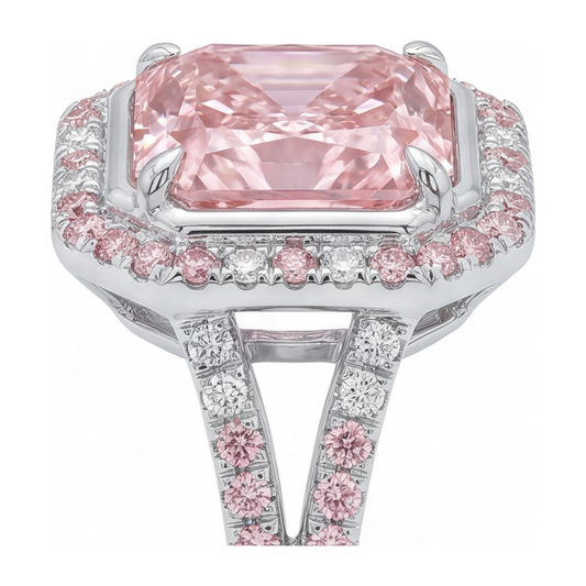 Rosa Verlobungsring 5,5 Karat im Labor gezüchteter Diamant im Radiant-Schliff Halo geteilte Ringschiene 14 Karat Weißgold