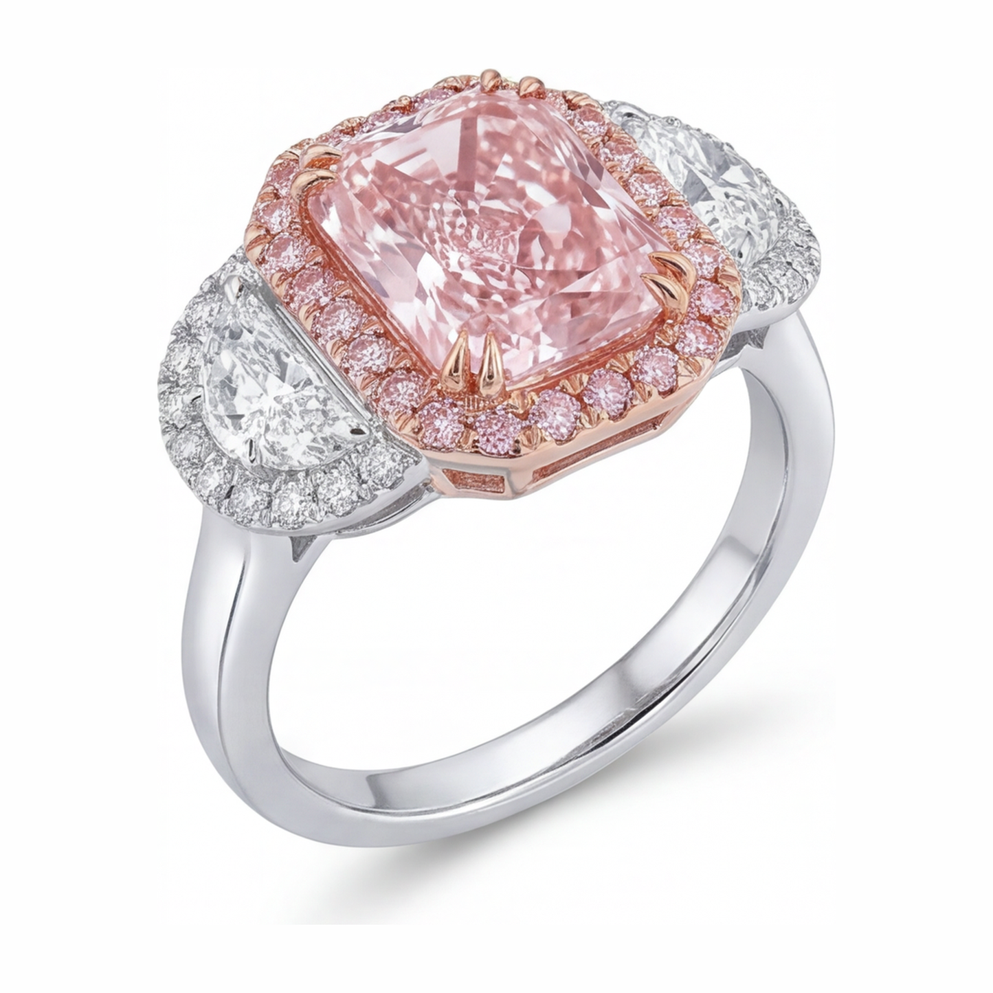 Verlobungsring mit rosa Diamant, 5,5 Karat, im Labor gezüchtet, Radiant-Halo, schlicht, 14 Karat Weißgold