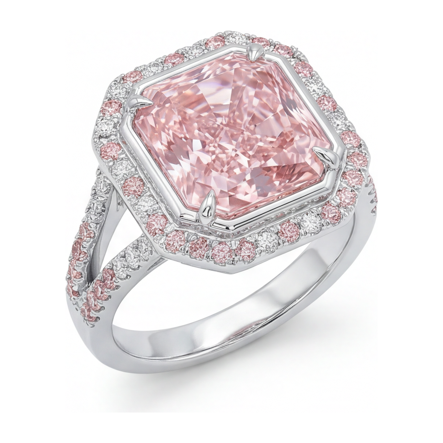 Rosa Verlobungsring 5,5 Karat im Labor gezüchteter Diamant im Radiant-Schliff Halo geteilte Ringschiene 14 Karat Weißgold