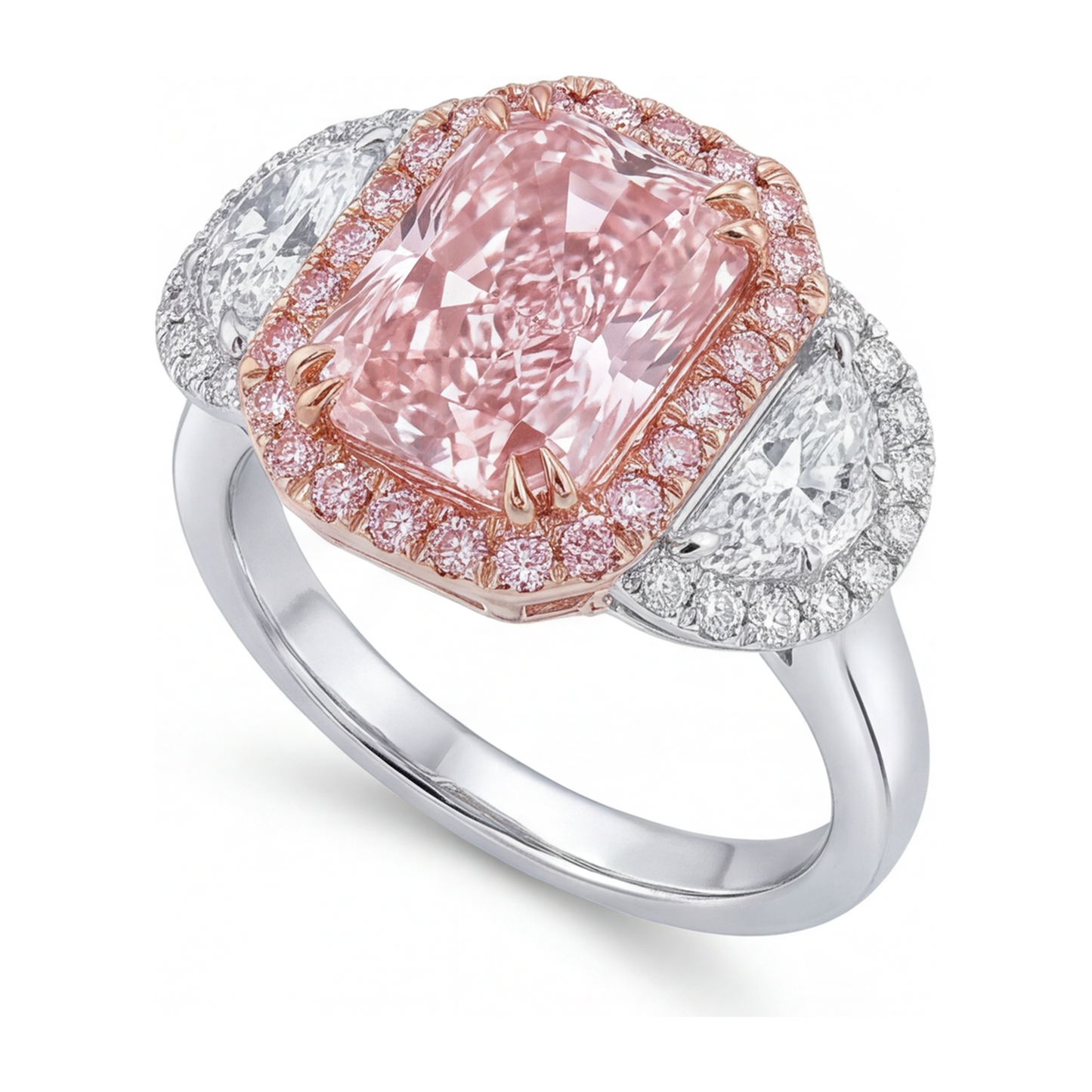 Verlobungsring mit rosa Diamant, 5,5 Karat, im Labor gezüchtet, Radiant-Halo, schlicht, 14 Karat Weißgold