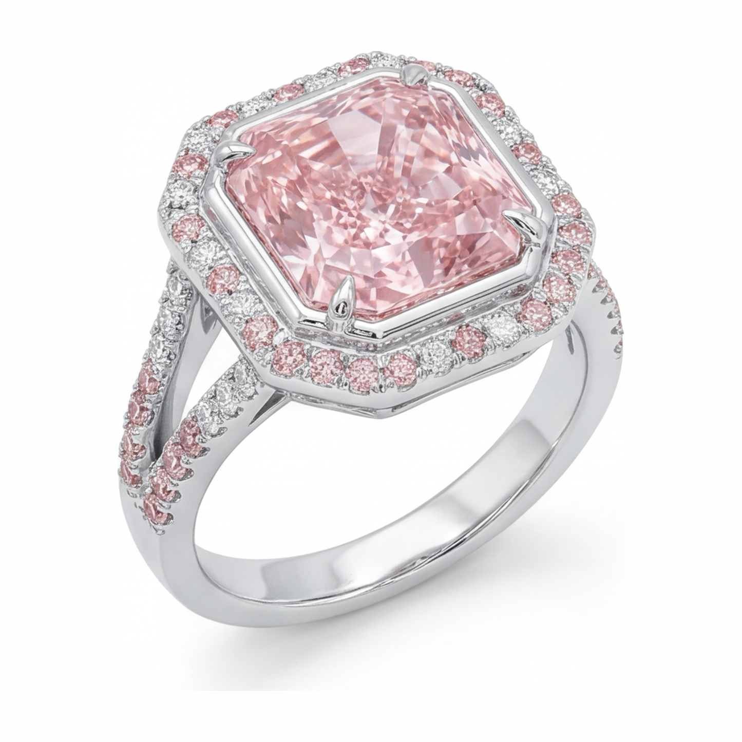 Rosa Verlobungsring 5,5 Karat im Labor gezüchteter Diamant im Radiant-Schliff Halo geteilte Ringschiene 14 Karat Weißgold