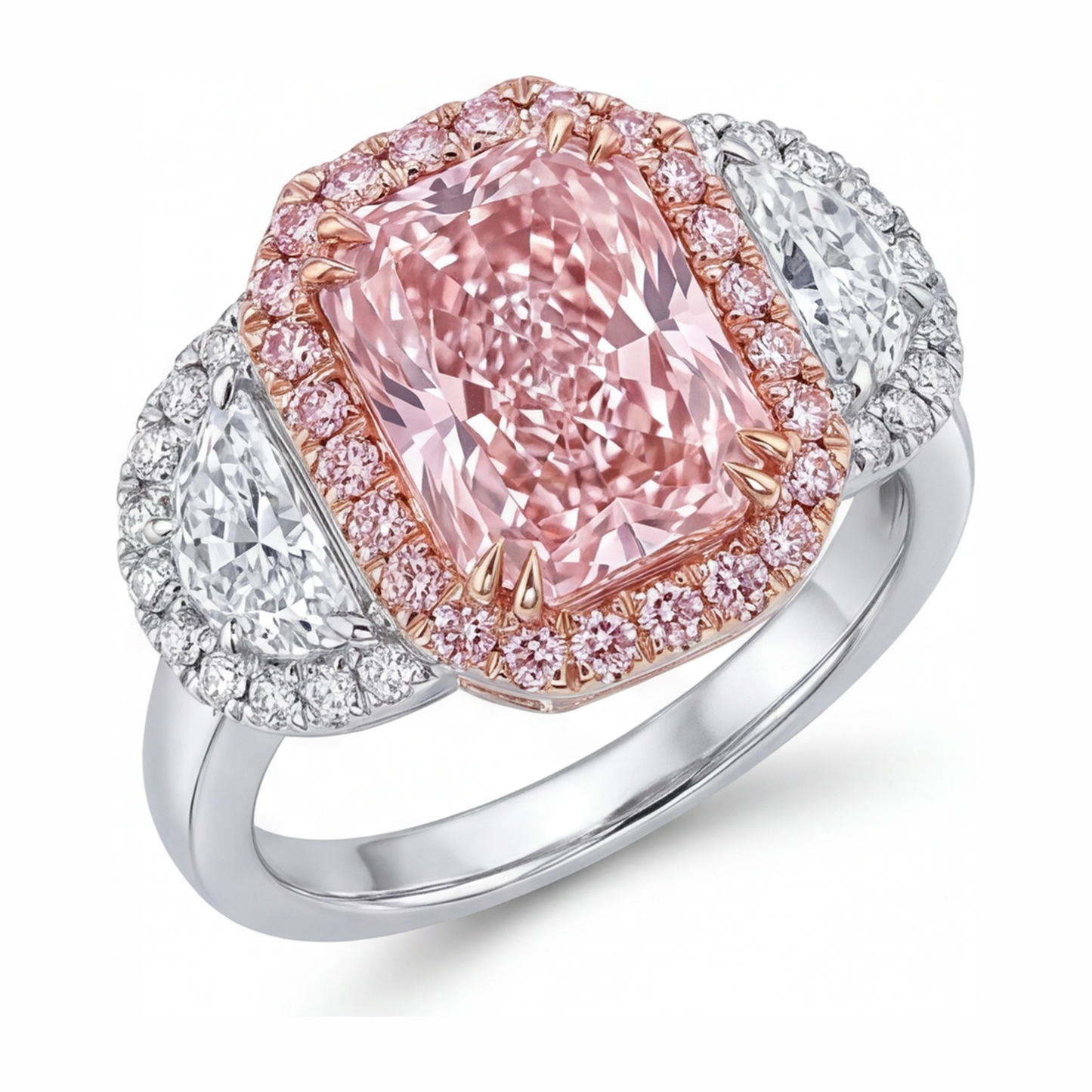 Verlobungsring mit rosa Diamant, 5,5 Karat, im Labor gezüchtet, Radiant-Halo, schlicht, 14 Karat Weißgold