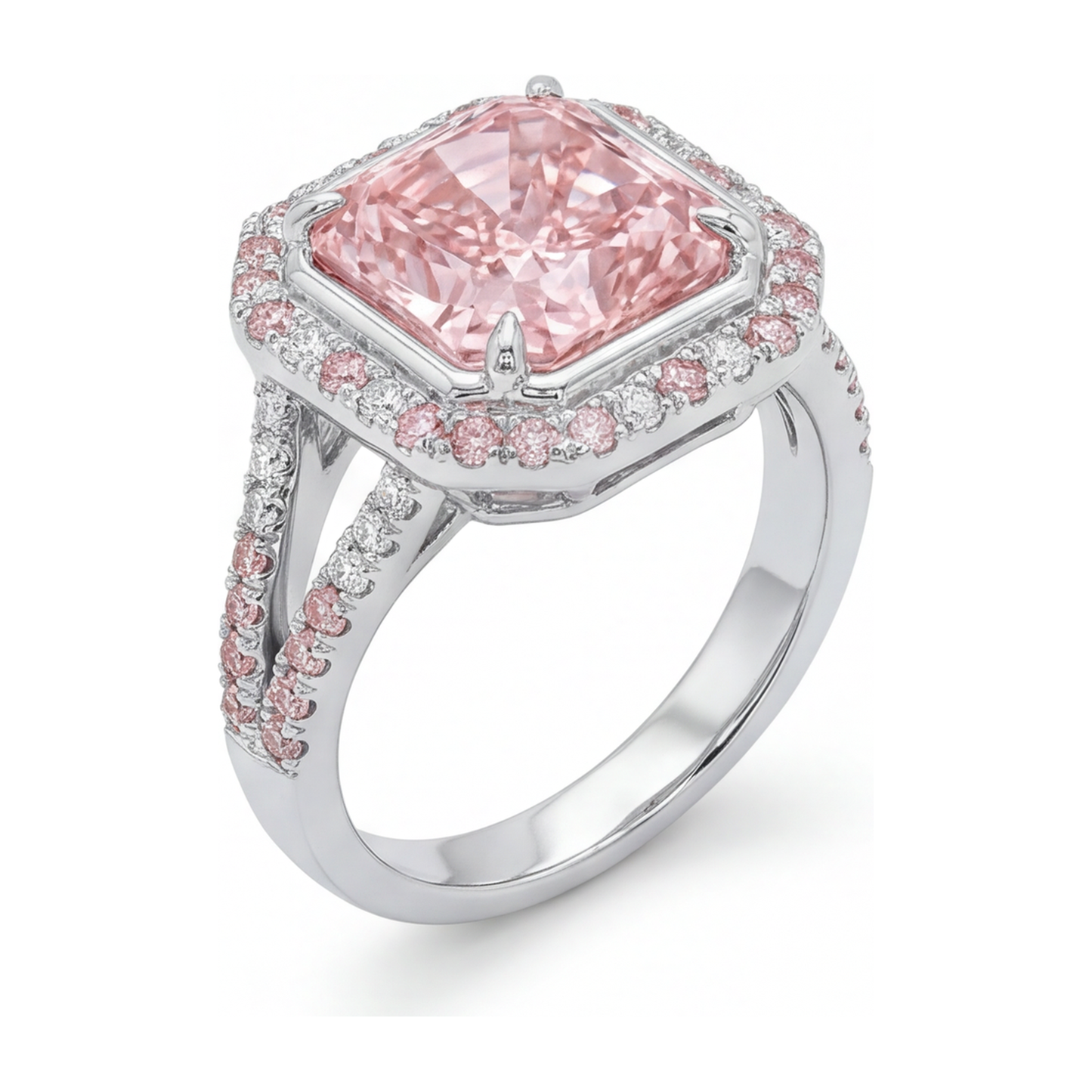 Rosa Verlobungsring 5,5 Karat im Labor gezüchteter Diamant im Radiant-Schliff Halo geteilte Ringschiene 14 Karat Weißgold