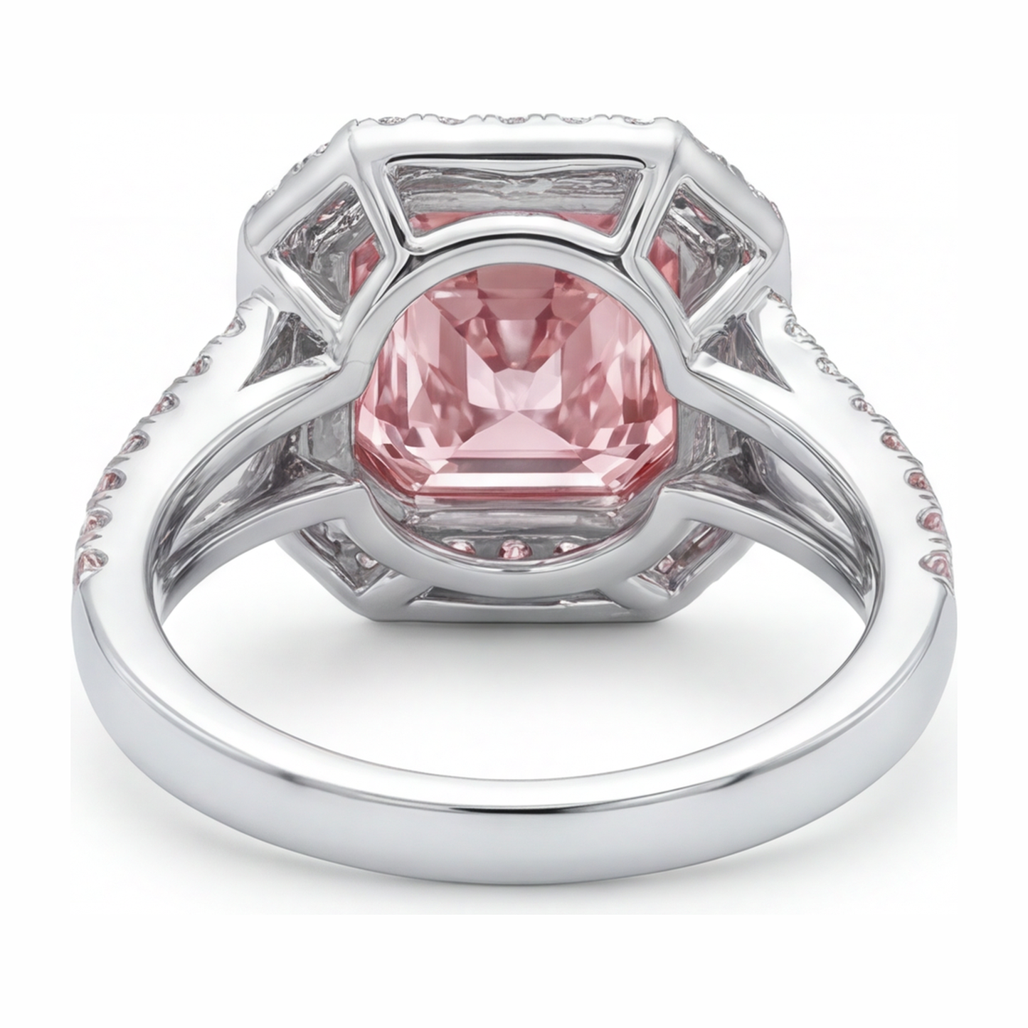 Rosa Verlobungsring 5,5 Karat im Labor gezüchteter Diamant im Radiant-Schliff Halo geteilte Ringschiene 14 Karat Weißgold