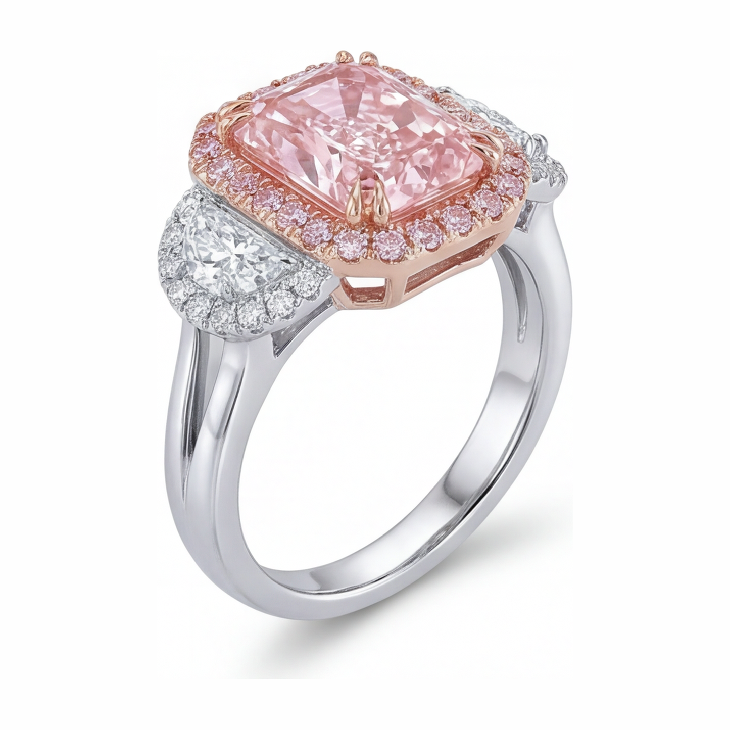 Verlobungsring mit rosa Diamant, 5,5 Karat, im Labor gezüchtet, Radiant-Halo, schlicht, 14 Karat Weißgold