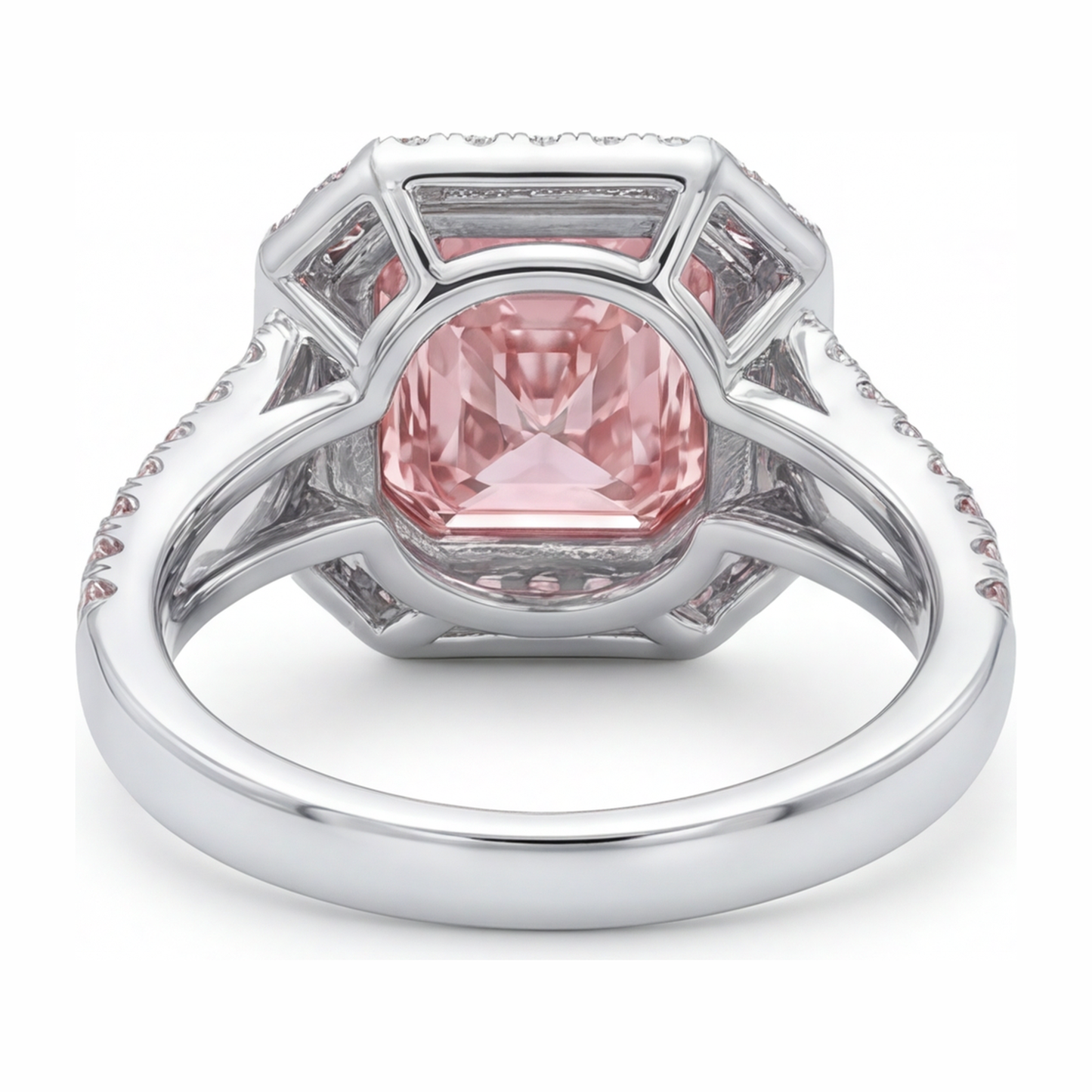 Rosa Verlobungsring 5,5 Karat im Labor gezüchteter Diamant im Radiant-Schliff Halo geteilte Ringschiene 14 Karat Weißgold
