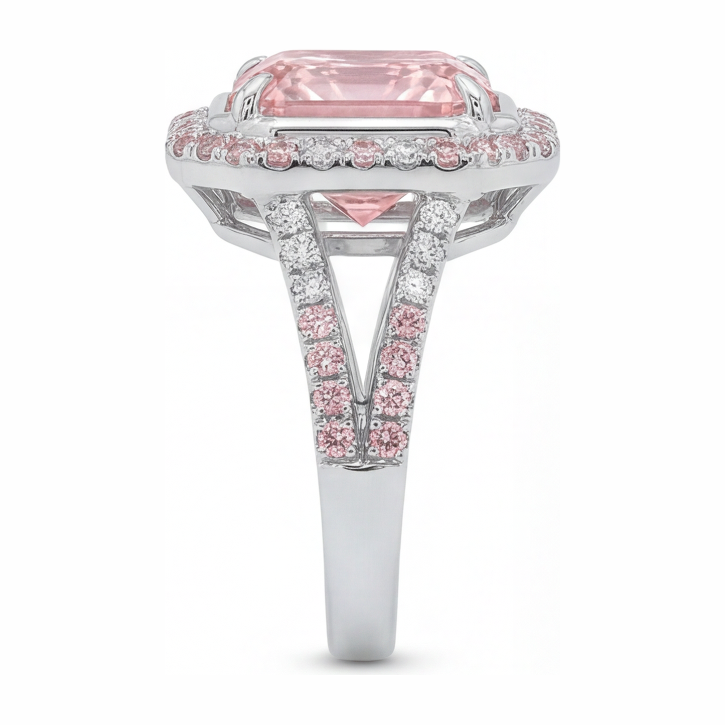 Rosa Verlobungsring 5,5 Karat im Labor gezüchteter Diamant im Radiant-Schliff Halo geteilte Ringschiene 14 Karat Weißgold