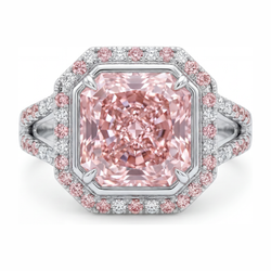 Rosa Verlobungsring 5,5 Karat im Labor gezüchteter Diamant im Radiant-Schliff Halo geteilte Ringschiene 14 Karat Weißgold