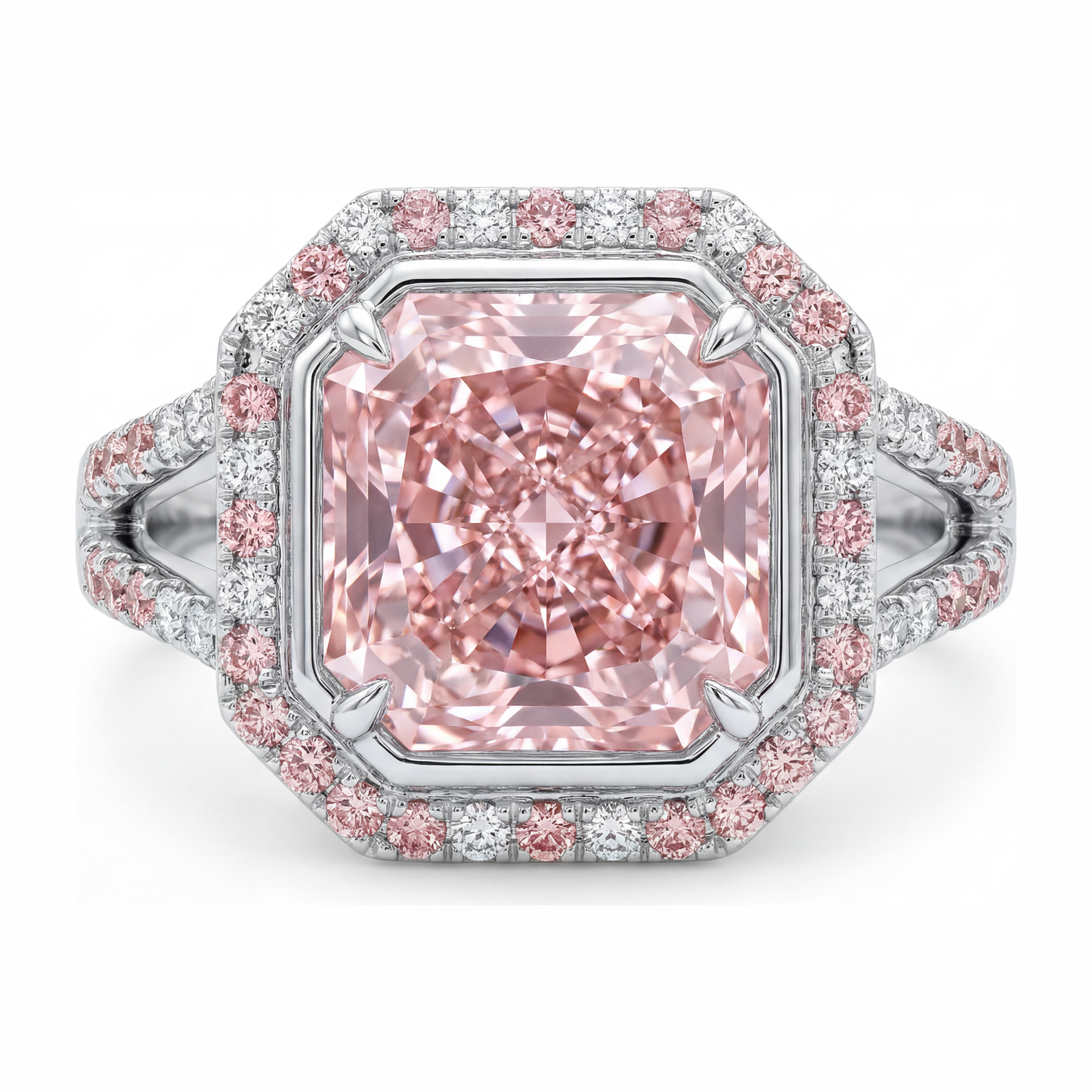 Rosa Verlobungsring 5,5 Karat im Labor gezüchteter Diamant im Radiant-Schliff Halo geteilte Ringschiene 14 Karat Weißgold