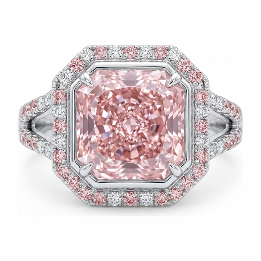 Rosa Verlobungsring 5,5 Karat im Labor gezüchteter Diamant im Radiant-Schliff Halo geteilte Ringschiene 14 Karat Weißgold