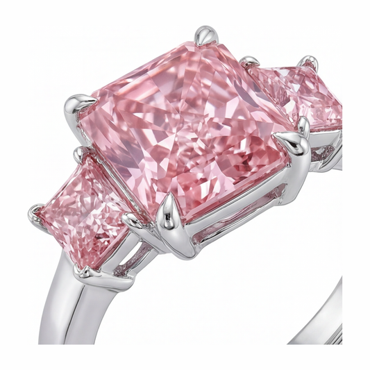 Verlobungsring mit rosa Diamant, 5,5 Karat, im Labor gezüchtet, Radiantschliff, drei Steine, schlicht, 14 Karat Weißgold