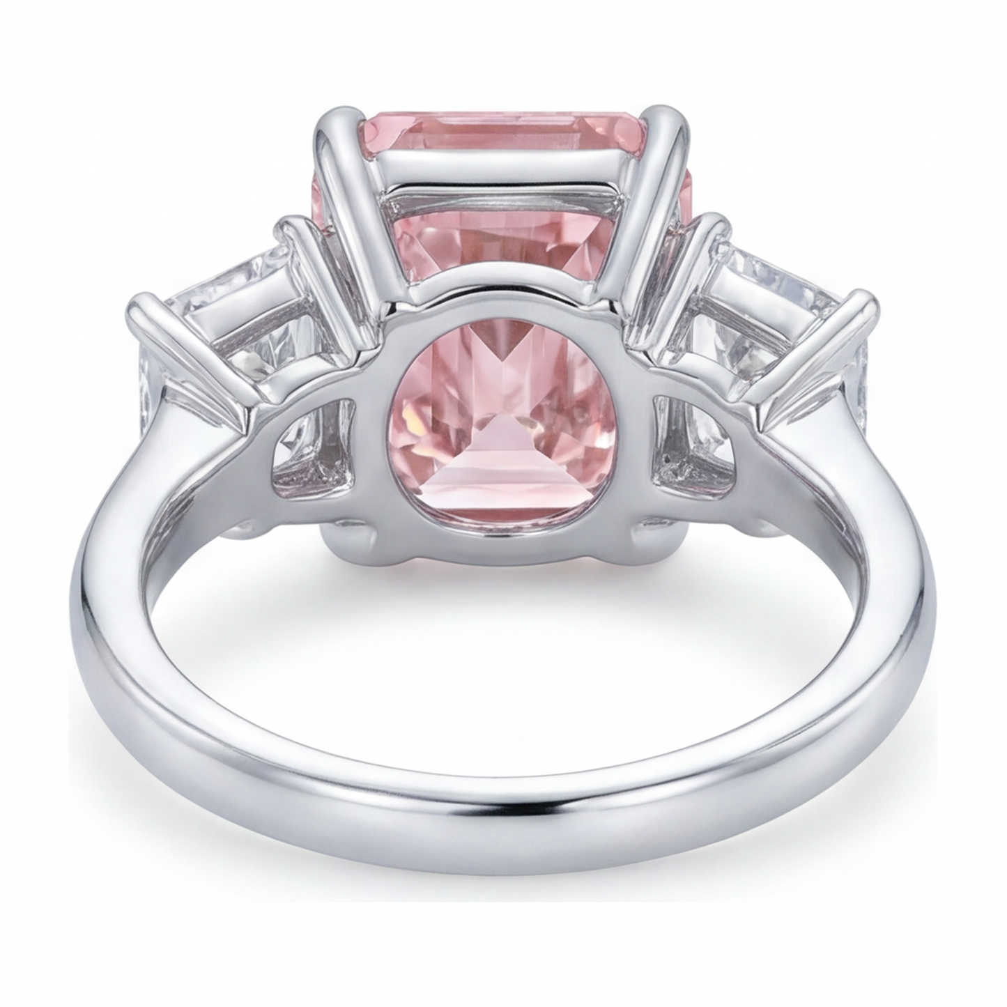 Verlobungsring mit rosa Stein, 5,5 Karat im Labor gezüchteter Diamant im Radiant-Schliff, Drei-Kathedralen-Design, 14 Karat Weißgold