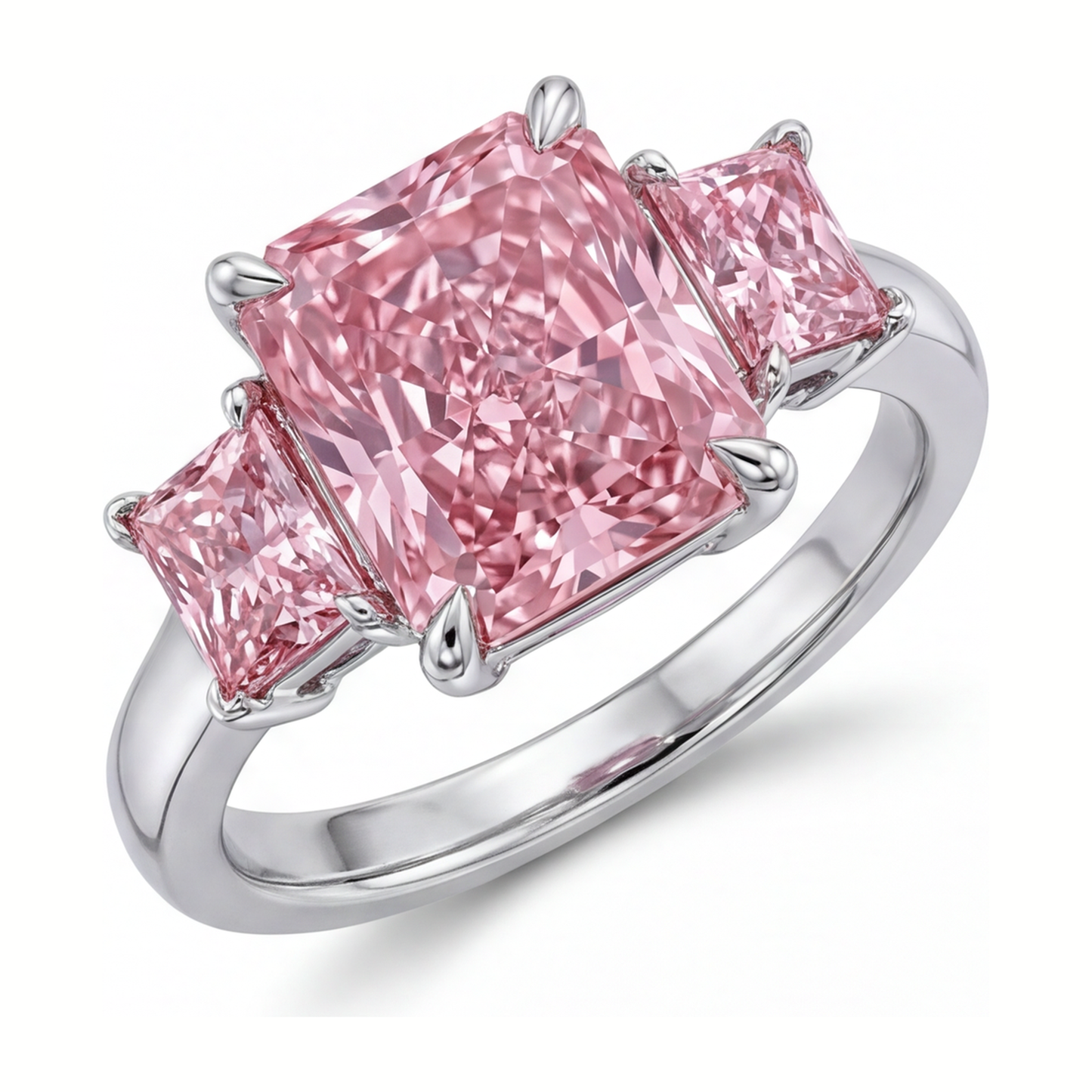 Verlobungsring mit rosa Diamant, 5,5 Karat, im Labor gezüchtet, Radiantschliff, drei Steine, schlicht, 14 Karat Weißgold