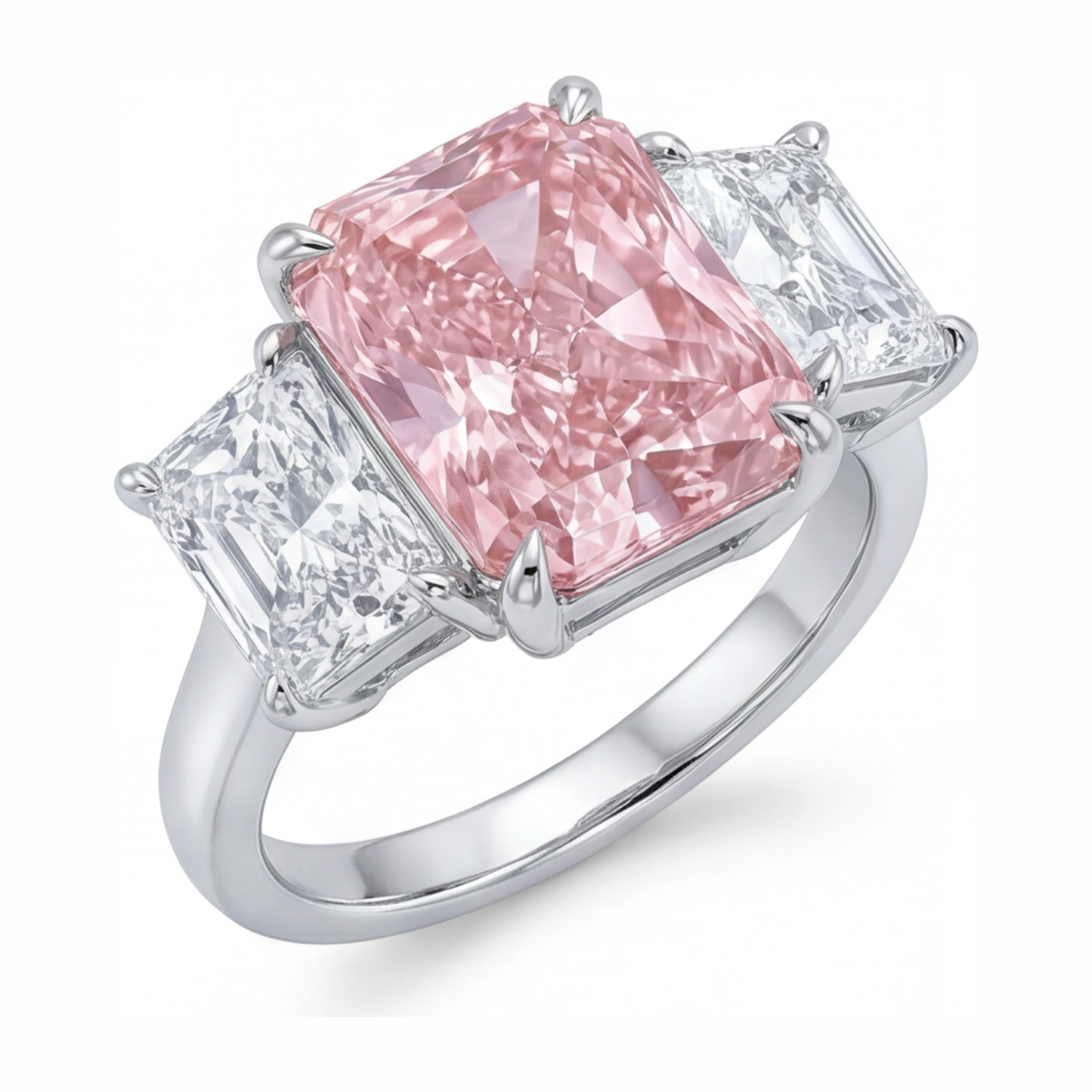 Verlobungsring mit rosa Stein, 5,5 Karat im Labor gezüchteter Diamant im Radiant-Schliff, Drei-Kathedralen-Design, 14 Karat Weißgold