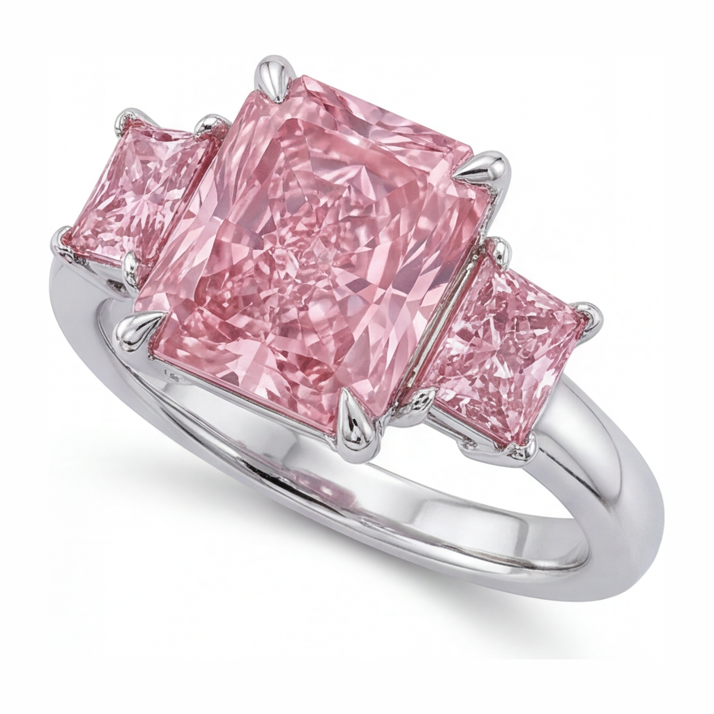 Verlobungsring mit rosa Diamant, 5,5 Karat, im Labor gezüchtet, Radiantschliff, drei Steine, schlicht, 14 Karat Weißgold
