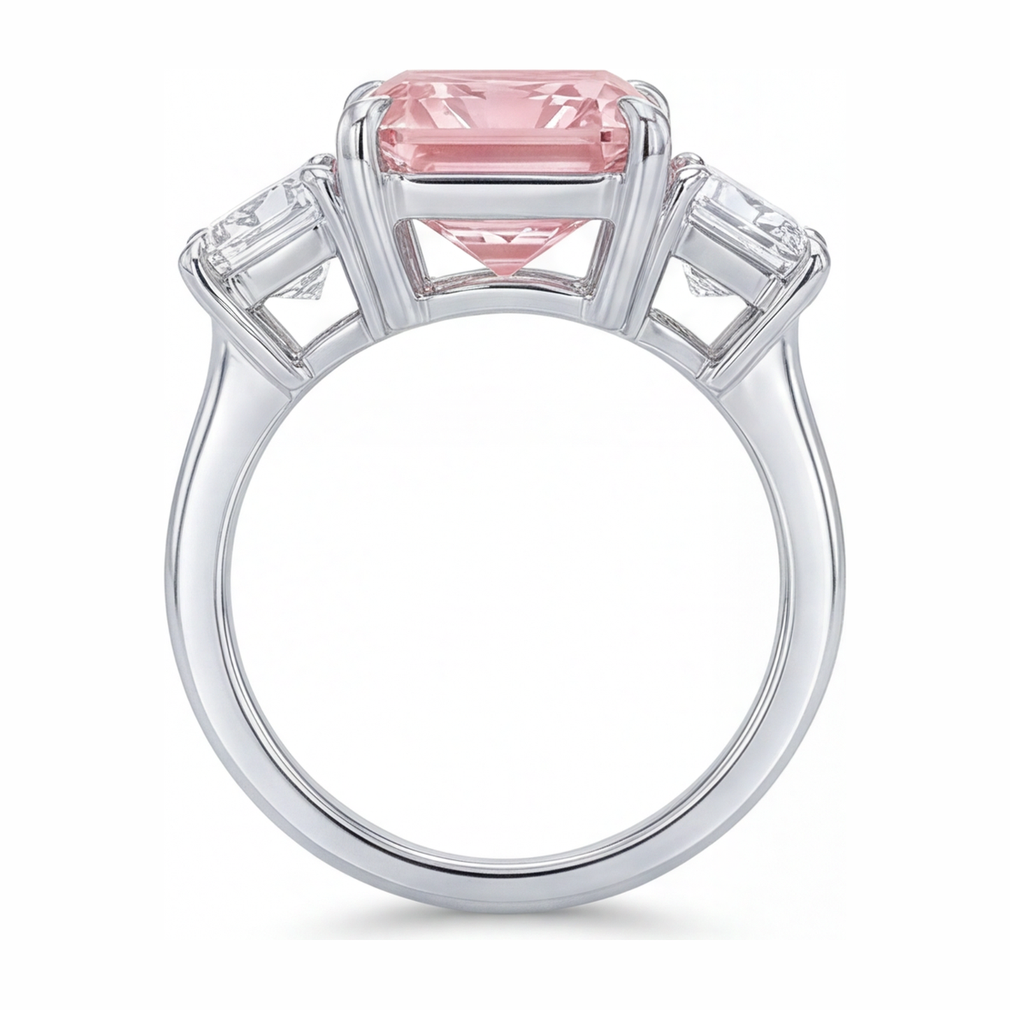 Verlobungsring mit rosa Stein, 5,5 Karat im Labor gezüchteter Diamant im Radiant-Schliff, Drei-Kathedralen-Design, 14 Karat Weißgold