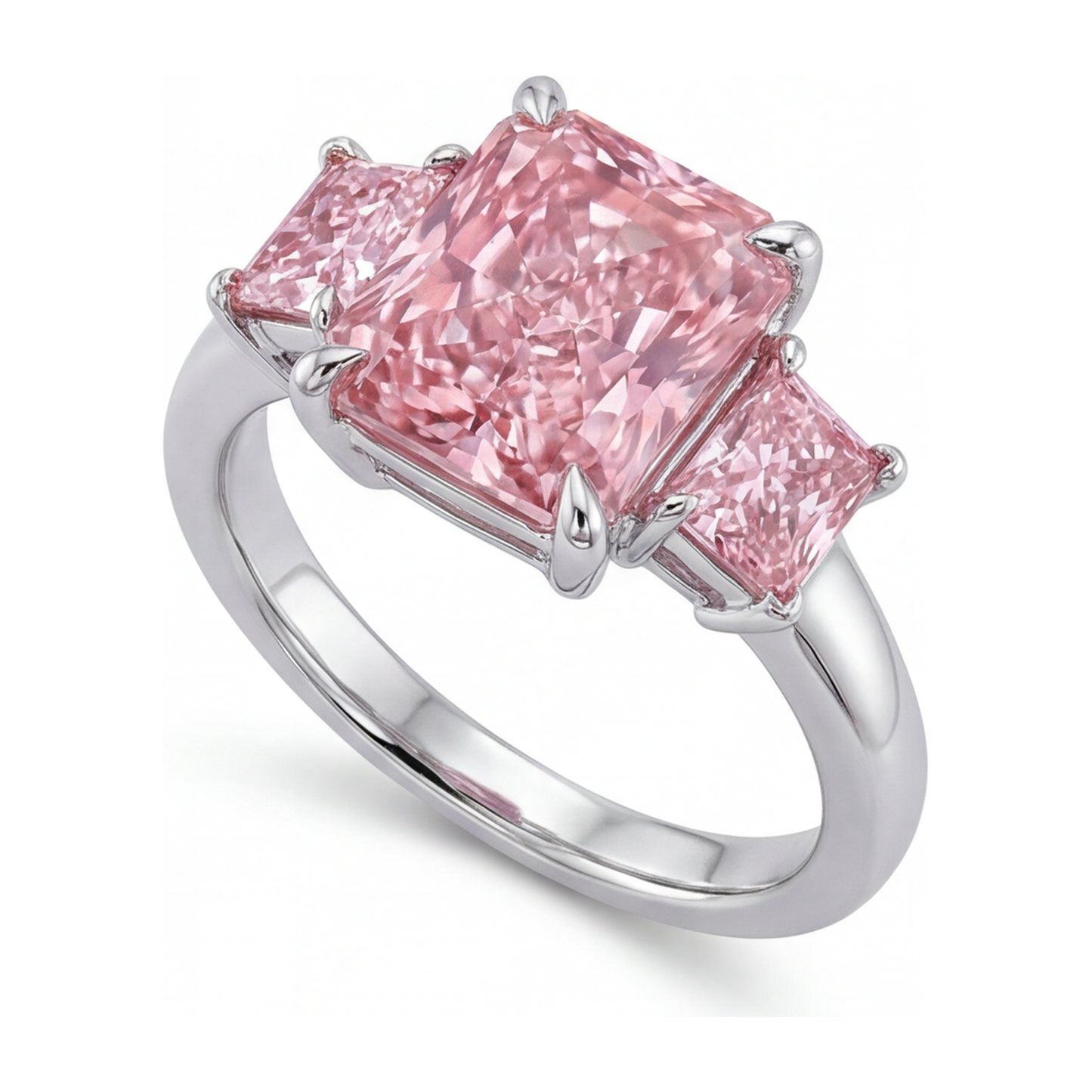 Verlobungsring mit rosa Diamant, 5,5 Karat, im Labor gezüchtet, Radiantschliff, drei Steine, schlicht, 14 Karat Weißgold
