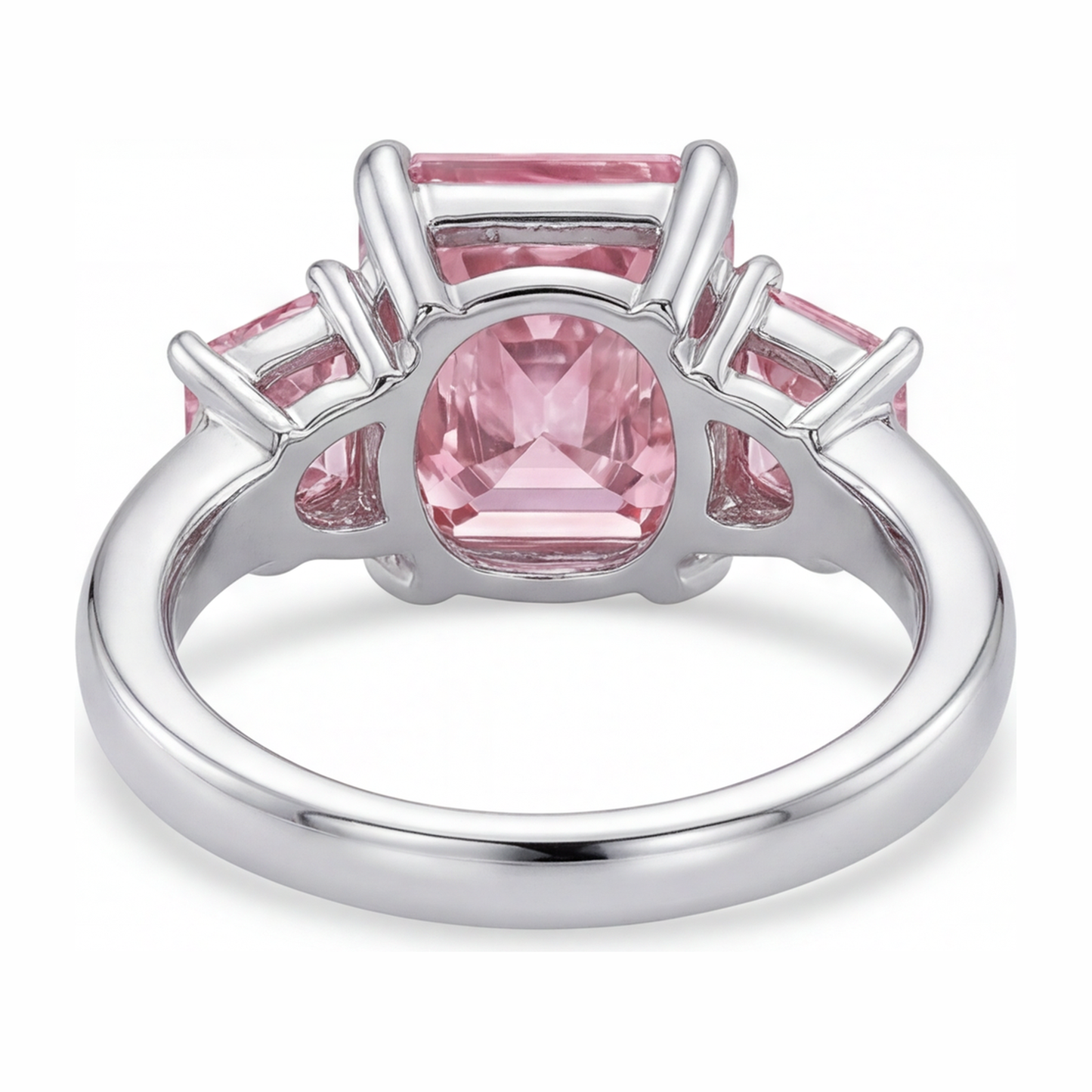 Verlobungsring mit rosa Diamant, 5,5 Karat, im Labor gezüchtet, Radiantschliff, drei Steine, schlicht, 14 Karat Weißgold