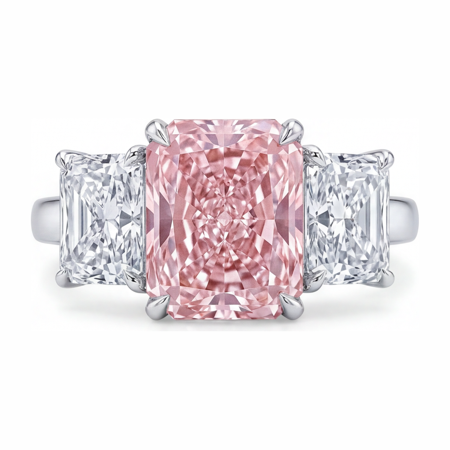 Verlobungsring mit rosa Stein, 5,5 Karat im Labor gezüchteter Diamant im Radiant-Schliff, Drei-Kathedralen-Design, 14 Karat Weißgold