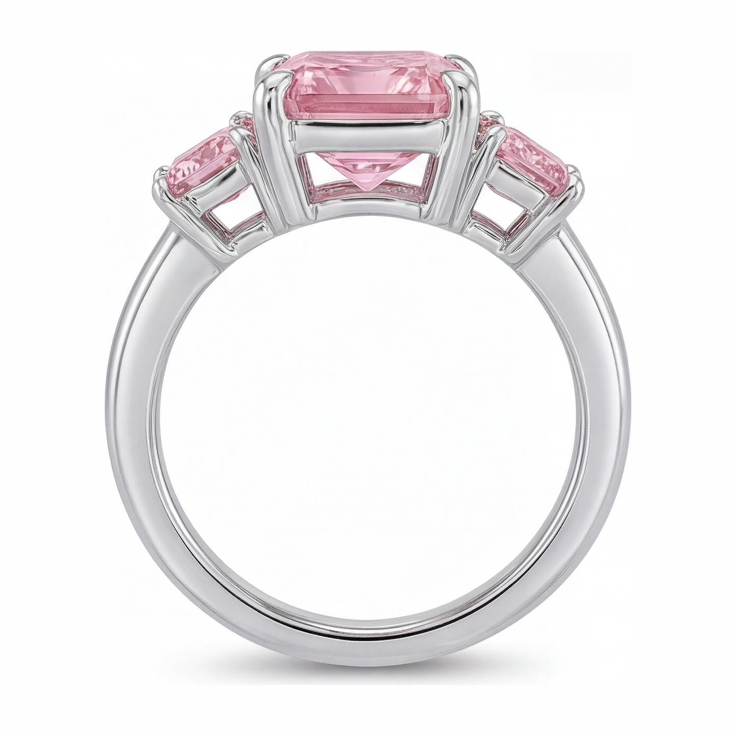 Verlobungsring mit rosa Diamant, 5,5 Karat, im Labor gezüchtet, Radiantschliff, drei Steine, schlicht, 14 Karat Weißgold