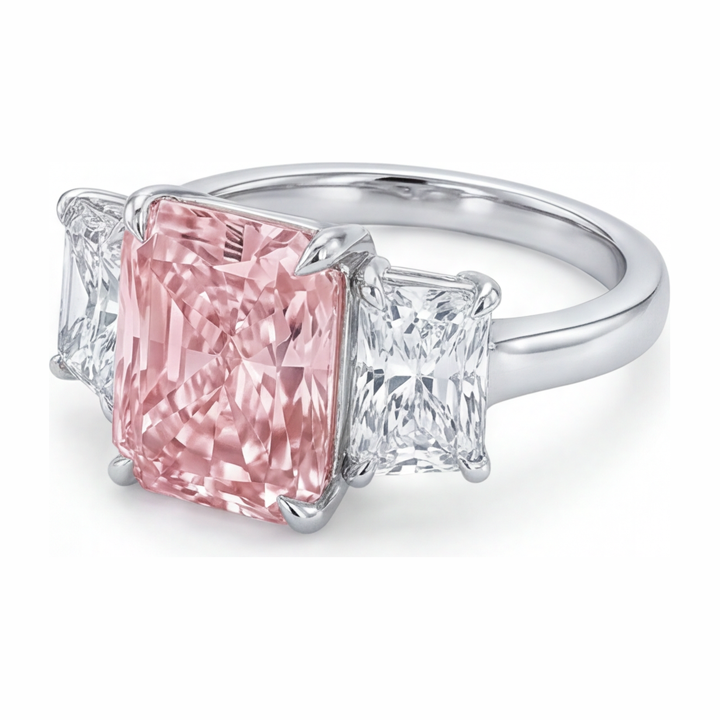 Verlobungsring mit rosa Stein, 5,5 Karat im Labor gezüchteter Diamant im Radiant-Schliff, Drei-Kathedralen-Design, 14 Karat Weißgold