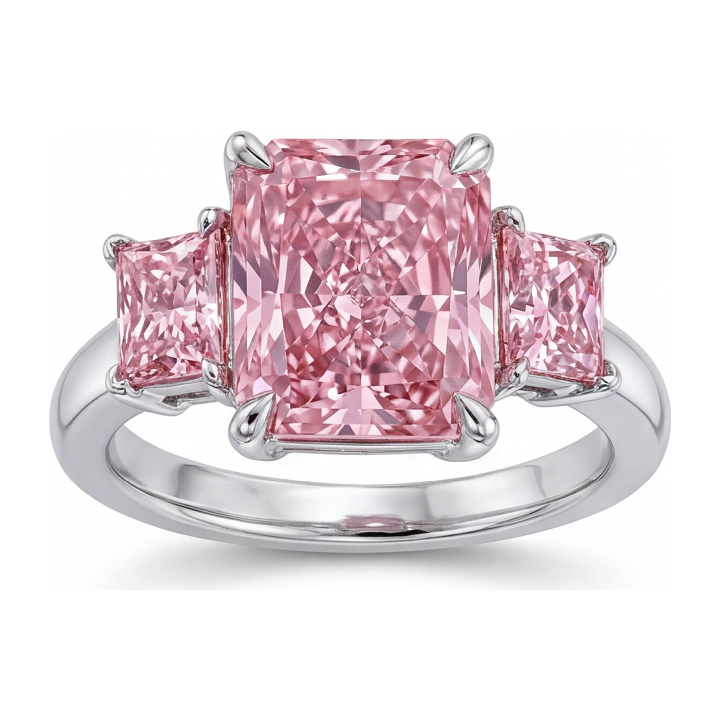Verlobungsring mit rosa Diamant, 5,5 Karat, im Labor gezüchtet, Radiantschliff, drei Steine, schlicht, 14 Karat Weißgold
