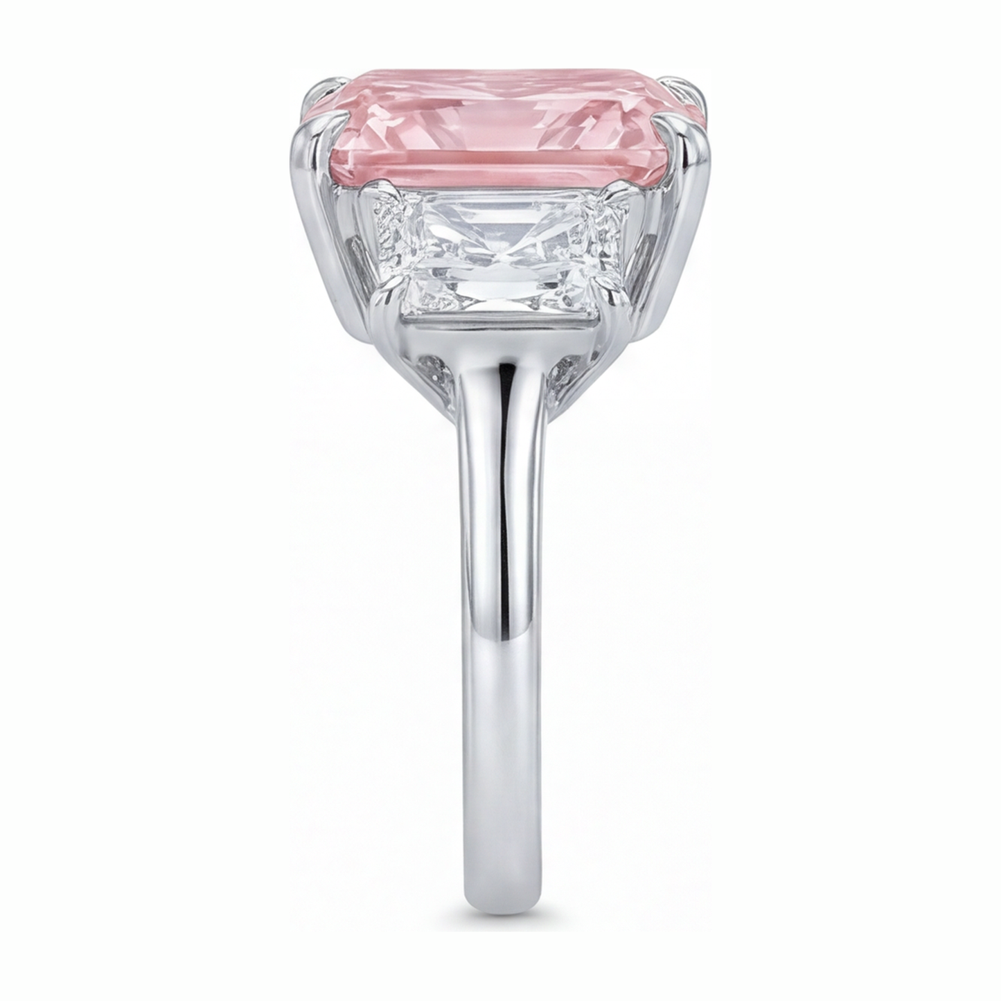 Verlobungsring mit rosa Stein, 5,5 Karat im Labor gezüchteter Diamant im Radiant-Schliff, Drei-Kathedralen-Design, 14 Karat Weißgold