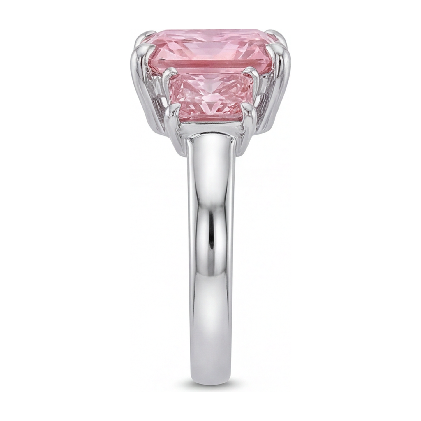 Verlobungsring mit rosa Diamant, 5,5 Karat, im Labor gezüchtet, Radiantschliff, drei Steine, schlicht, 14 Karat Weißgold