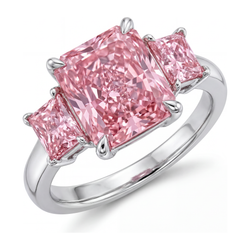 Verlobungsring mit rosa Diamant, 5,5 Karat, im Labor gezüchtet, Radiantschliff, drei Steine, schlicht, 14 Karat Weißgold