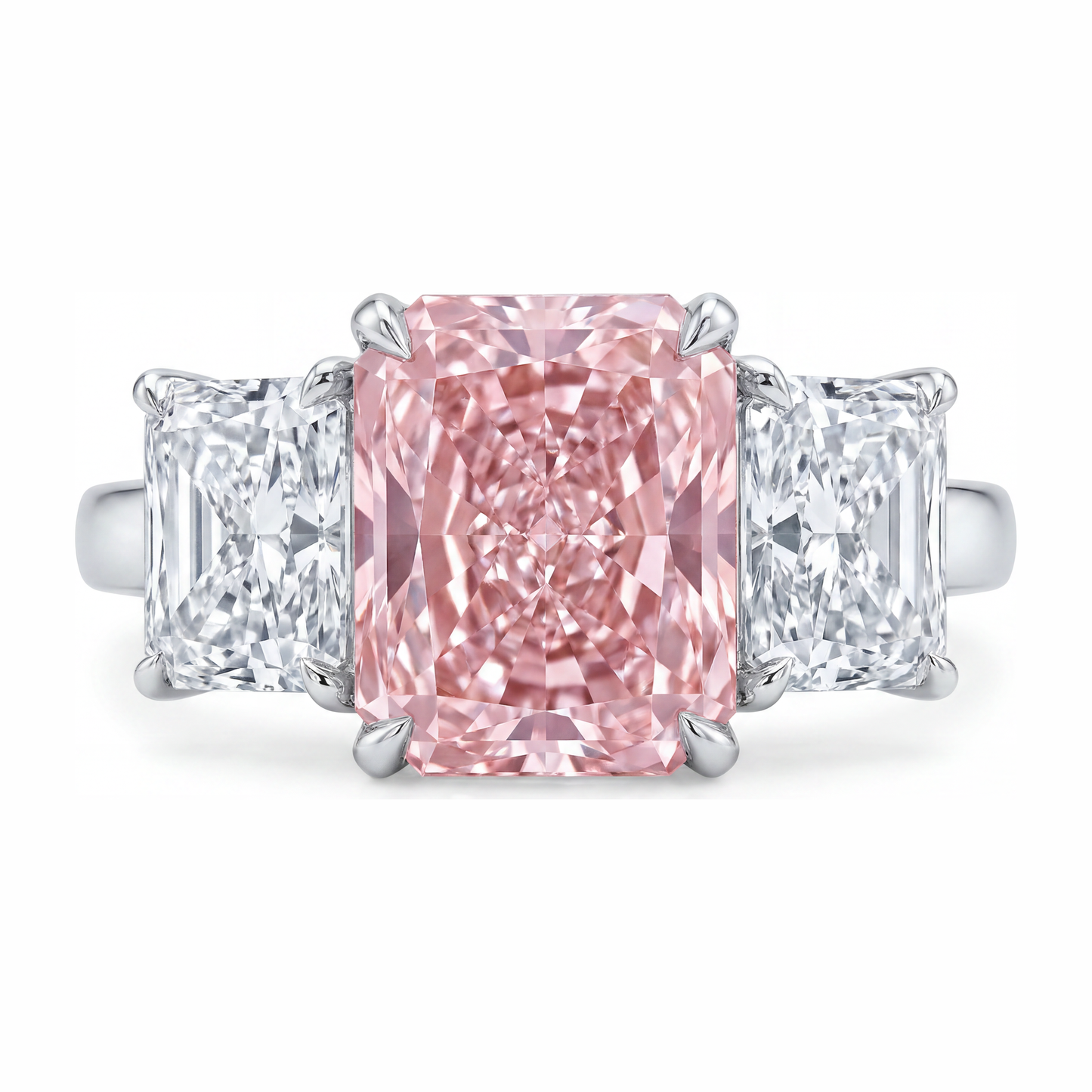 Verlobungsring mit rosa Stein, 5,5 Karat im Labor gezüchteter Diamant im Radiant-Schliff, Drei-Kathedralen-Design, 14 Karat Weißgold