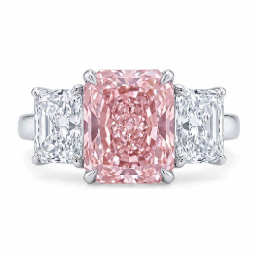 Verlobungsring mit rosa Stein, 5,5 Karat im Labor gezüchteter Diamant im Radiant-Schliff, Drei-Kathedralen-Design, 14 Karat Weißgold