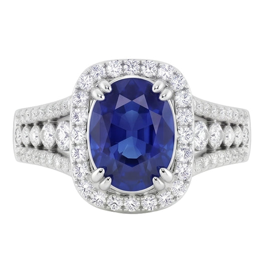5.71 ct. Ovaler srilankischer Saphir & runde Aus der Erde Abgebauter Natürlicher Diamanten 14K Weißgold Ring