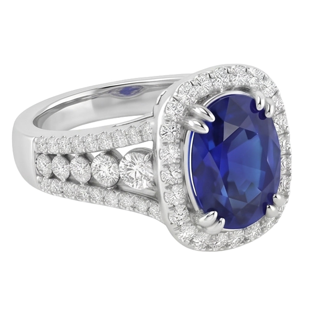5.71 ct. Ovaler srilankischer Saphir & runde Aus der Erde Abgebauter Natürlicher Diamanten 14K Weißgold Ring