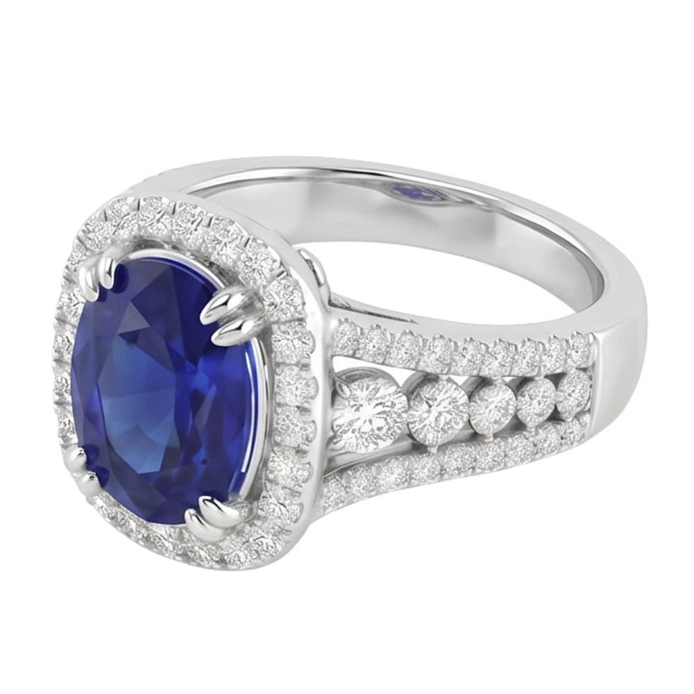 5.71 ct. Ovaler srilankischer Saphir & runde Aus der Erde Abgebauter Natürlicher Diamanten 14K Weißgold Ring
