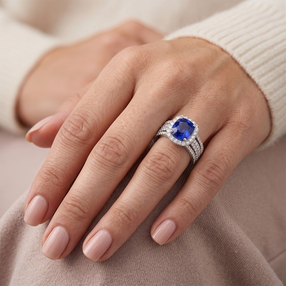 5.80 Ct Krappen Ceylon Blauer Saphir Aus der Erde Abgebauter Natürlicher Diamanten Fancy Ring Weißgold 14K