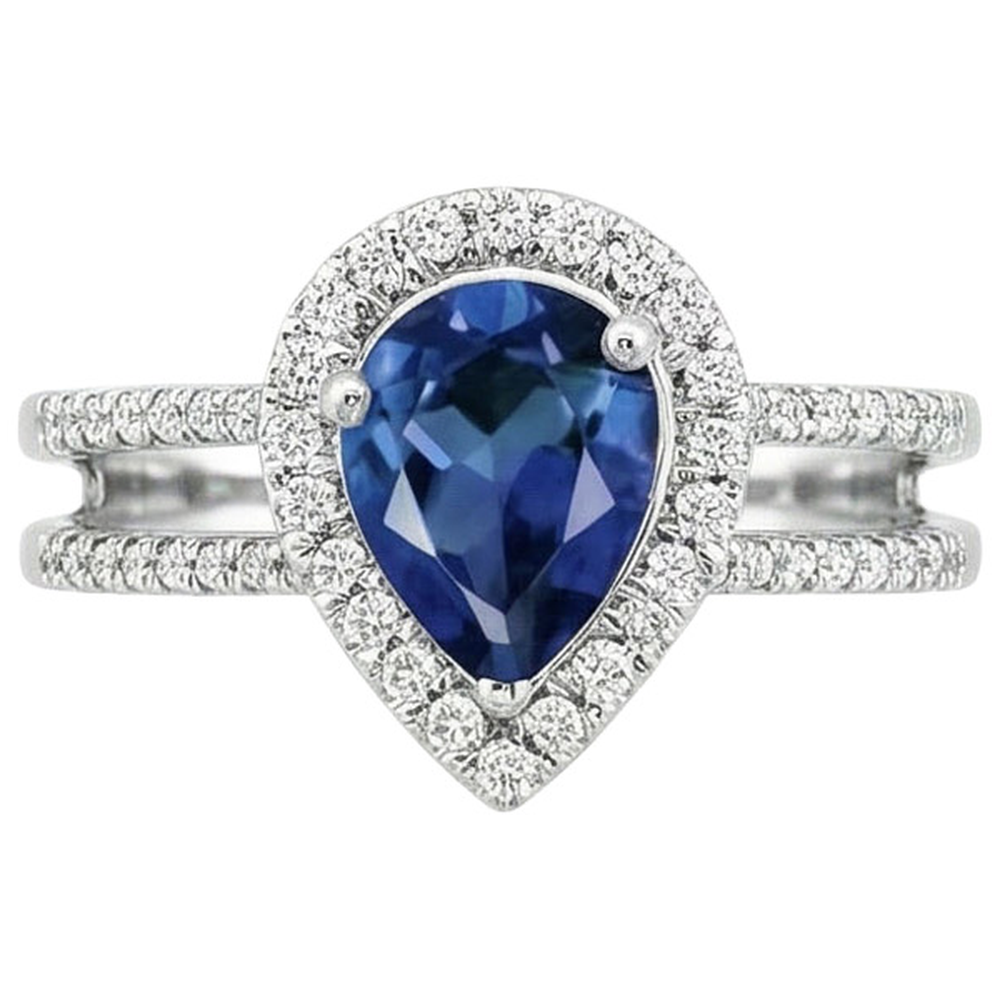 5.80 Karat Birne Ceylon Saphir & Aus der Erde Abgebauter Natürlicher Diamant Verlobungsring 14K Gold