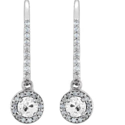5 Karat Echt Diamant-Halo-Tropfen-Ohrringe, runde Form, Altschliff, Weißgold